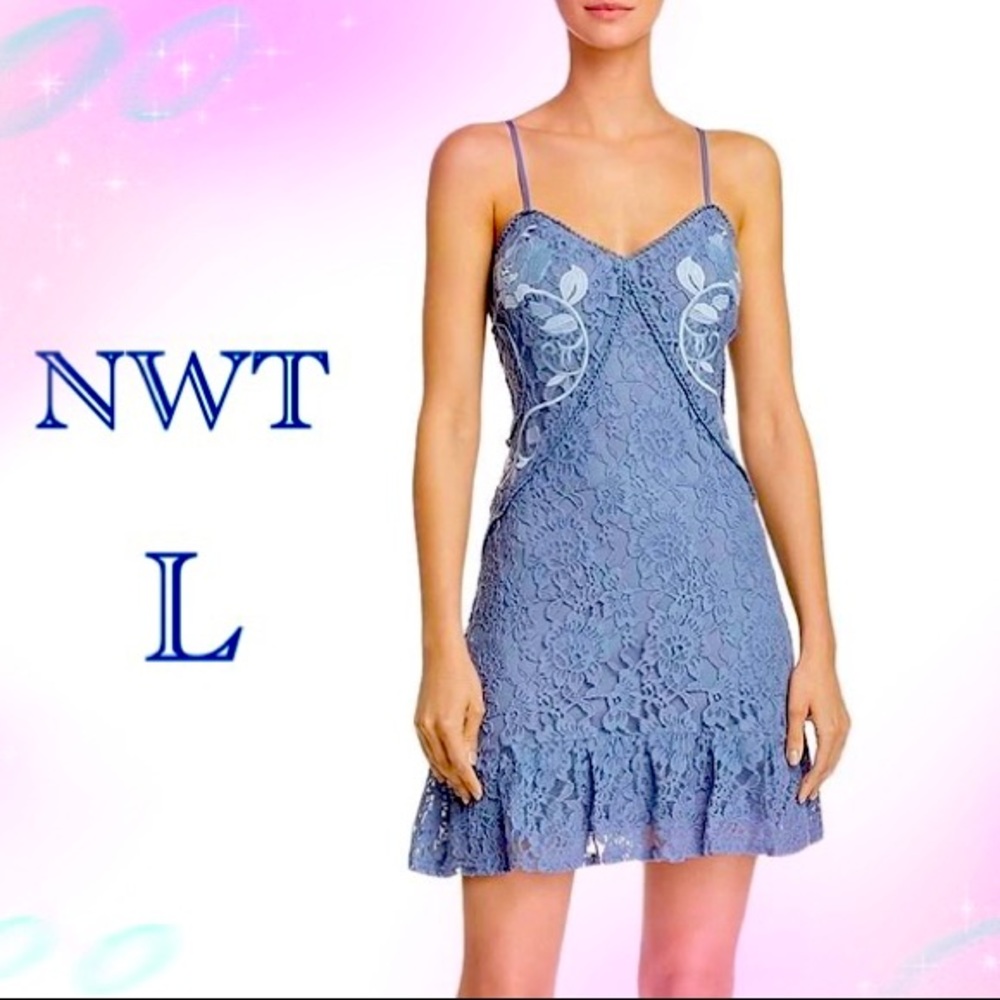NWT L periwinkle denim blue crochet embroidered scallop trim A line ruffle dress